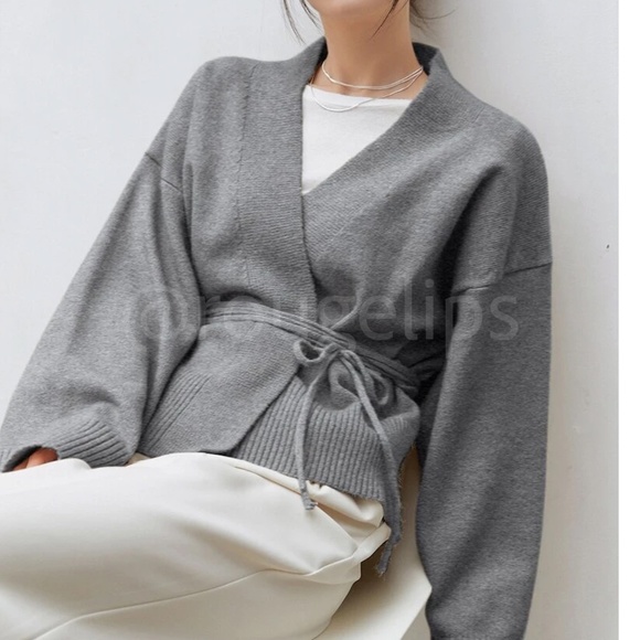 Grey Knit Kimono Sweater Tie Belt Boxy Loose Fit Drop Shoulder Wrap - Picture 2 of 8